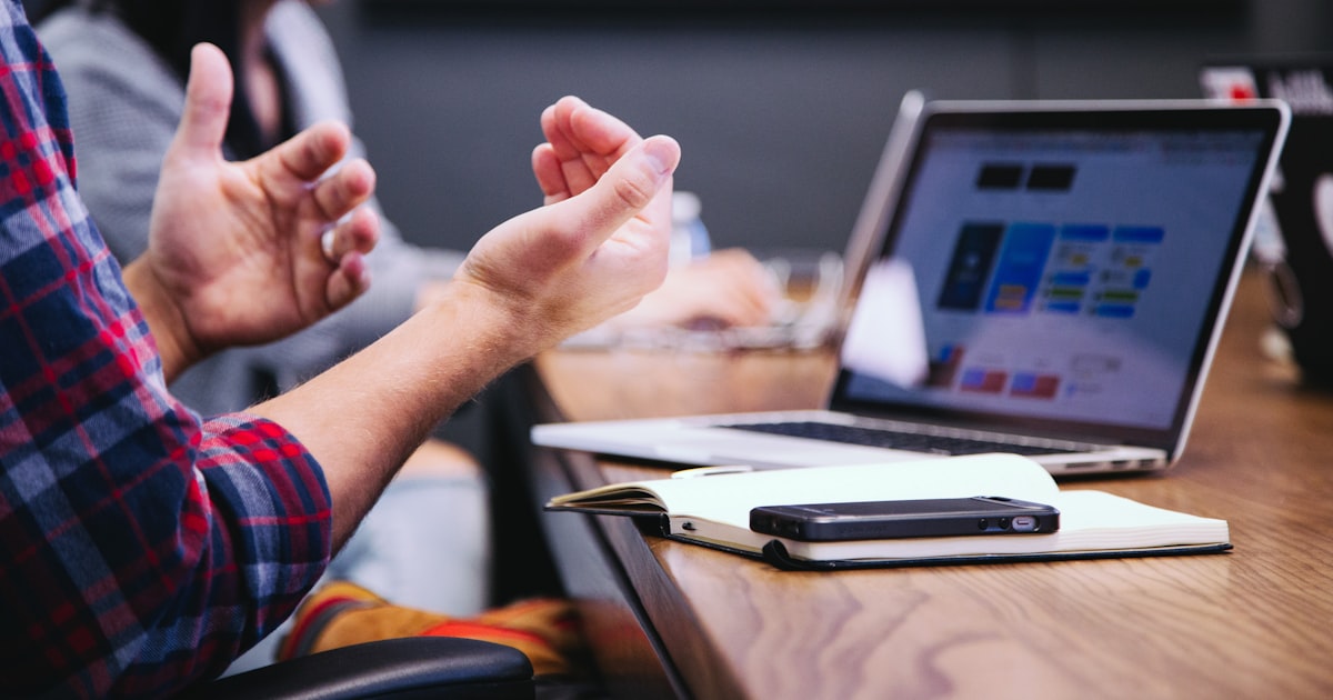 Consultant gesturing while presenting during a business meeting